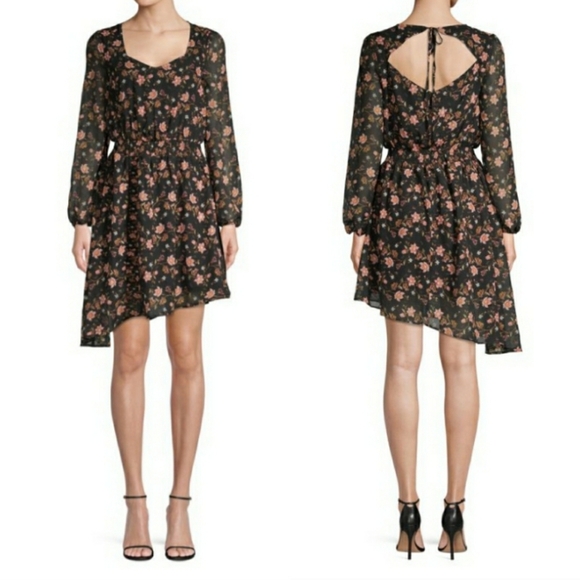 JOA Floral-Print Asymmetrical Mini Dress Size Large Black Pink Long Sleeve - Picture 1 of 5